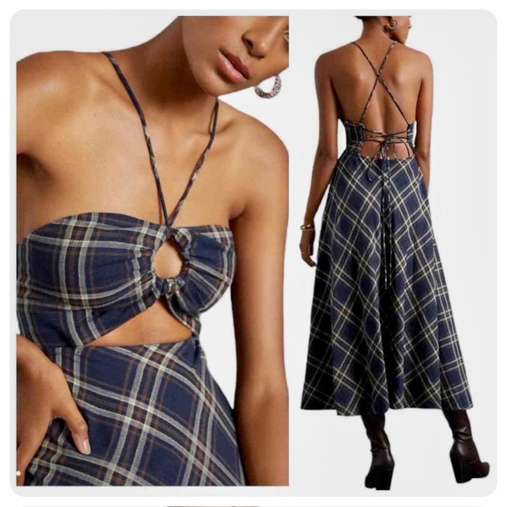 NWT Anthropologie Navy Plaid Cut Out Midi Dress